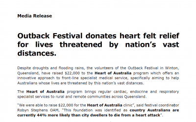 Outback Festival donates heart felt relief for lives threatened by nation’s vast distances.