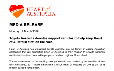 Toyota Australia donates support vehicles to help keep Heart of Australia staff on the road.